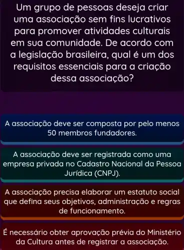 Um grupo de pessoas deseja criar
uma associação sem fins lucrativos
para promover atividades culturais
em sua comunidad e. De acordo com
a legislação brasileira , qual é um dos
requisito s essenciais para a criação
dessa associação?
A associação deve ser composta por pelo menos
50 membros fundadores.
A associação deve ser registrada como uma
empresa no Cadastro Nacional da Pessoa
Jurídica (CNPJ).
A associação precisa elaborar um estatuto social
que defina seus objetivos , administração e regras
de funcionamento.
É necessário obter aprovação prévia do Ministério
da Cultura antes de registrar a associação.