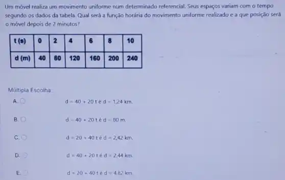 Um móvel realiza um movimento uniforme num determinado referencial. Seus espaços variam com o tempo segundo os dados da tabela. Qual será a função horária do movimento uniforme realizado e a que posição será o móvel depois de 2 minutos?

 mathbf(t)(mathbf(s)) & mathbf(0) & mathbf(2) & mathbf(4) & mathbf(6) & mathbf(8) & mathbf(1 0) 
 mathbf(d)(mathbf(m)) & 40 & 80 & 120 & 160 & 200 & 240 


Múltipla Escolha:
A. mathrm(d)=40+20 mathrm(t) é mathrm(d)=1,24 mathrm(~km) .
B. mathrm(d)=40+20 mathrm(t) é mathrm(d)=80 mathrm(~m) .
C. mathrm(d)=20+40 mathrm(t) é mathrm(d)=2,42 mathrm(~km) .
D. mathrm(d)=40+20 mathrm(t) é mathrm(d)=2,44 mathrm(~km) .
E. mathrm(d)=20+40 mathrm(t) é mathrm(d)=4,82 mathrm(~km) .