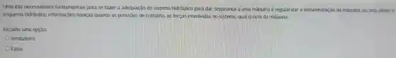 Uma das necessidades fundamentais para se fazer a adequação do sistema hidráulico para dar segurança a uma máquina é regularizar a documentação da máquina,ou seja, obter o
esquema hidráulico,informações básicas quanto as pressōes de trabalho, as forcas envolvidas no sistema , qual o ciclo da máquina.
Escolha uma opção:
Verdadeiro
Falso