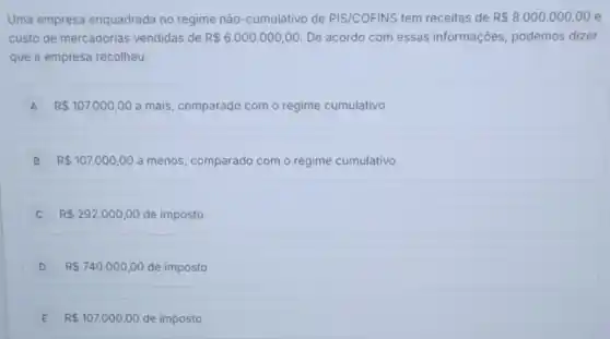 Uma empresa enquadrada no regime não-cumulativo de PIS/COFINS tem receitas de R 8.000.000,00 e
custo de mercadorias vendidas de R 6.000.000,00 De acordo com essas informações, podemos dizer
que a empresa recolheu:
A R 107.000,00 a mais, comparado com o regime cumulativo A
B R 107.000,00 a menos, comparado com o regime cumulativo
R 292.000,00 de imposto
D R 740.000,00 de imposto D
E R 107.000,00 de imposto