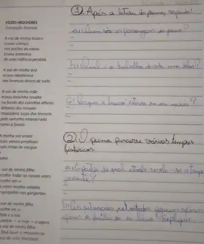 VOZES-MULHERES
Conceição Evaristo
A voz de minha bisavo
ecoou criança
nos porōes do navio.
Ecoou lamentos
de uma infência perdida
A voz de minha avó
ecoou obediência
aos brancos-donos de tudo.
A voz de minha mãe
ecoou baixinho revolta
no fundo das cozinhas alheias
debaixo das trouxas
roupagens sujas dos brancos
pelo caminho empoeirado
rumo à favela.
voz de minha filha
ecolhe todas as nossas vozes
colhe em si
s vozes mudas caladas
ngasgadas nas gargantas.
voz de minha filha
colhe em si
fala e o ato.
ontem - o hoje - o agora.
voz de minha filha
fará ouvir a ressonância
eco da vida-liberdade.
__
__
__
__ -
__
__
__ -
__
__
__
c __