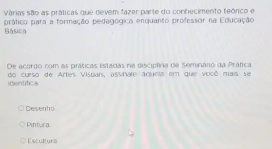 Várias são as práticas que devem fazer parte do conhecimento teórico e
prático para a formação pedagógica enquanto professor na Educação
Básica.
De acordo com as práticas listadas na disciplina de Seminário da Prática
do curso de Artes Visuais, assinale aquela em que vocé mais se
identifica:
Desenho
Pintura
Escultura