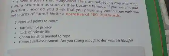 It is well known that Hollywood stars are subject to overwhelming
media attention as soon as they become famous. If you were in that
position.how do you think that you personally would cope with the
pressures of fame? Write a narrative of 180-200 words.
Suggested points to cover:
Intrusion of privacy
Lack of private life
Characteristics needed to cope
Honest self-assessment:Are you strong enough to deal with this lifestyle?