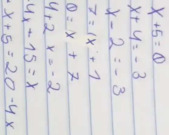 x+5=0 x+4=-3 x-2=-3 x=1 x+1 0=x+7 4+2 x=-2 4 x+15=x x+5=20-4 x