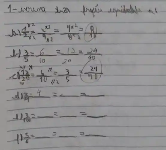 (x^x)/(2x^2)=(2^x2)/(4x^2)=(9x^2)/((2^x))=(8)/((2x^2))
(3)/(5)=(6)/(10)=(12)/(20)=(24)/(40)
(12)/(20)=(6)/(10)=(3)/(5)=(24)/(40)
(2-4)/(4)=-
(3)/(100)=
(5)/(6)=