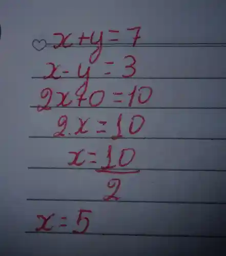 0 x+y=7 x-y=3 2 x+0=10 2 x=10 x=(10)/(2) x=5