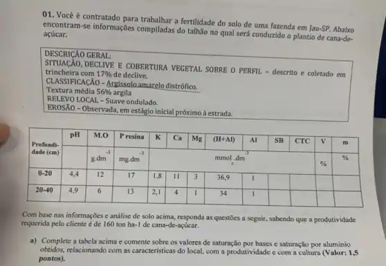 01. Você é contratado para trabalhar a fertilidade do solo de uma fazenda em Jau-SP. Abaixo encontram-se informações compiladas do talhão no qual será conduzido o plantio de cana-deaçúcar.
DESCRIÇÃO GERAL:
SITUAÇÃO, DECLIVE E COBERTURA VEGETAL SOBRE O PERFIL - descrito e coletado em trincheira com 17 % de declive.
CLASSIFICAÇÃO - Argissolo amarelo distrófico.
Textura média 56 % argila
RELEVO LOCAL - Suave ondulado.
EROSÃO - Observada, em estágio inicial próximo à estrada.

 multirow(2)(*){
Profundi- 
dade (cm)
{
 mathrm(pH) 
 mathrm(g) cdot mathrm(dm) 
{
M.O 
 mathrm(g) cdot mathrm(dm)^-3 
{
 mathrm(P) resina 
 mathrm(mg) cdot mathrm(dm)^-3 
{
 mathrm(K) 
 mathrm(mg) cdot mathrm(dm) 
{
 mathrm(Ca) 
 mathrm(m) 
{
 (mathrm(H)+mathrm(Al)) 
 mathrm(dm) 
{
 mathrm(Al) 
 mathrm(dm) 
{
 mathrm(SB) 
 mathrm(C) 
{
CTC 
 % 
{
 mathrm(m) 
 % 
 
 
Profundi- 
dade (cm)
 & & & & & & & & & & & & 
 
 0-20 
 20-40 
 & 4,4 & 12 & 17 & 1,8 & 11 & 3 & 36,9 & 1 & & & & 
 multicolumn(10)(|c|)( 20-40 ) 


Com base nas informações e análise de solo acima, responda as questões a seguir, sabendo que a produtividade requerida pelo cliente é de 160 ton ha-1 de cana-de-açúcar.
a) Complete a tabela acima e comente sobre os valores de saturação por bases e saturação por aluminio obtidos, relacionando com as características do local, com a produtividade e com a cultura (Valor: 1,5 pontos).