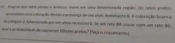 02. Imagine que ratos pretos e brancos vivem em uma determinada regiāo. Os ratos pretos
apresentam essa coloração devido a presença de um alelo dominante B. A coloração branca
da pelagem é determinada por um alelo recessivo b. Se um rato BB cruzar com um rato Bb,
qual a probabilidade de nascerem filhotes pretos ? (faça o cruzamento)