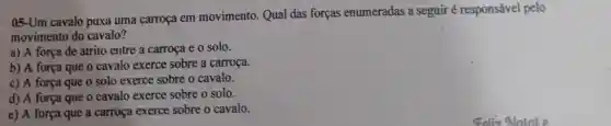 05-Um cavalo puxa uma carroça em movimento. Qual das forças enumeradas a seguir é responsável pelo
movimento do cavalo?
a) A força de atrito entre a carroça e o solo.
b) A força que o cavalo exerce sobre a carroça.
c) A força que o solo exerce sobre o cavalo.
d) A força que o cavalo exerce sobre o solo.
e) A força que a carroça exerce sobre o cavalo.