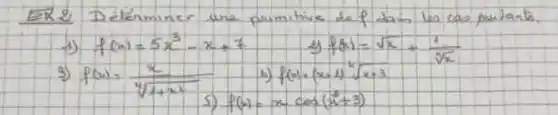 1) f(x)=5 x^3-x+7 
2) f(x)=sqrt(x)+(1)/(sqrt[3](x)) 
3) f(x)=(x)/(sqrt[4](1+x^2)) 
4) f(x)=(x+1)^4 sqrt[4](x+3) 
5) f(x)=x cos (x^2+3)