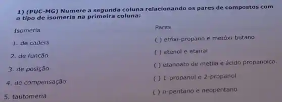 1) (PUC-MG) Numere a segunda coluna relacionando os pares de compostos com
tipo de isomeria na primeira coluna:
Isomeria
1. de cadeia
2. de função
3. de posição
4. de compensação
5. tautomeria
Pares
( ) etóxi-propano e metóxi-butano
( ) etenol e etanal
( ) etanoato de metila e ácido propanoico.
( ) 1-propanol e 2-propanol
( ) n-pentano e neopentano