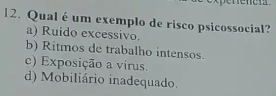 12. Qual é um exemplo de risco psicossocial?
a) Ruído excessivo.
b) Ritmos de trabalho intensos.
c) Exposição a vírus.
d) Mobiliário inadequado.