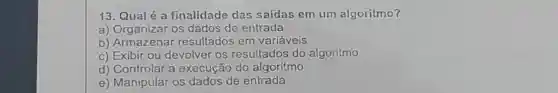 13. Qual é a finalidade das saídas em um algoritmo?
a) Organizar os dados de entrada
b) Armazenar resultados em variáveis
c) Exibir ou devolver os resultados do algoritmo
d) Controlar a execução do algoritmo
e) Manipular os dados de entrada