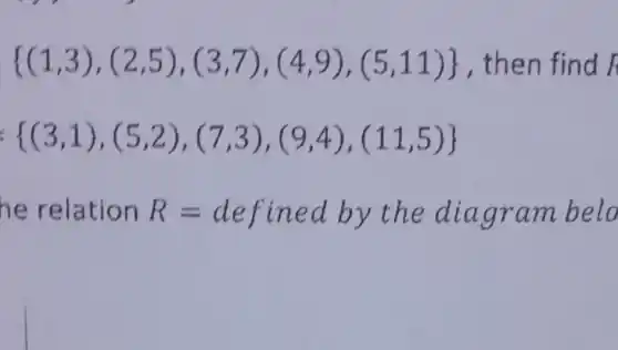 (1,3),(2,5),(3,7),(4,9),(5,11)  , then find F
 (3,1),(5,2),(7,3),(9,4),(11,5) 
he relation R=defined by the diagram belo