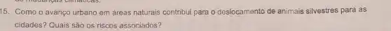15 Como o avanço urbano em áreas naturais contribui para o deslocamento de animais silvestres para as
cidades?Quais são os riscos associados?