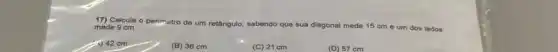 17) Calcule - perimatro de
um retângulo, sabendo que sua diagonal mede 15 cme um dos lados mede 9
(B) 36 cm
(C) 21 cm
(D) 57 cm