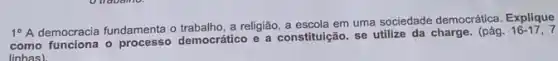 1^circ A
democracia fundamenta o a religião, a escola em uma sociedade democrática. Explique
como funciona o processi democrático e a constitução se utilize da charge. (pág.
16-17