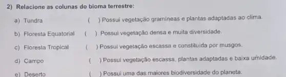 2) Relacione as colunas do bioma terrestre:
a). Tundra
b) Floresta Equatorial
c) Floresta Tropical
d) Campo
e) Deserto
() Possui vegetação gramíneas e plantas adaptadas ao clima.
() Possui vegetação densa e muita diversidade.
() Possui vegetação escassa e constituída por musgos.
() Possui vegetação escassa, plantas adaptadas e baixa umidade.
() Possui uma das maiores biodiversidade do planeta.