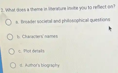 2. What does a theme in literature invite you to reflect on?
a. Broader societal and philosophical questions
b. Characters'names
c. Plot details
d. Author's biography