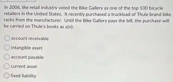 In 2006, the retail industry voted the Bike Gallery as one of the top 100 bicycle
retailers in the United States. It recently purchased a truckload of Thule brand bike
racks from the manufacturer. Until the Bike Gallery pays the bill, the purchase will
be carried on Thule's books as a(n):
account receivable
intangible asset
account payable
current asset
fixed liability