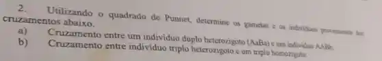 2.
cruzamentos abaixo. Utilizando o quadrado de Punnet, determine os gametas e os individuos provenientes dos
a)
Cruzamento entre um indivíduo duplo heterozigoto
(AaBa) e um individuo AABb.
b)
Cruzamento entre individuo triplo heterozigoto e um triplo homozigoto.