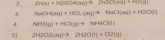 2.	Zn(s)+H2SO4(aq)arrow ZnSO(aq)+H2(g)
3.	NaOH(aq)+HCL(aq)arrow NaCl(aq)+H2O(l)
4.	NH3(g)+HCl(g)arrow NH4Cl(l)
5) 2H2O2(aq)arrow 2H2O(l)+O2(g)