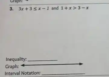 3. 3x+3leqslant x-1 and 1+xgt 3-x
Inequality: __
Graph:
Interval Notation: __