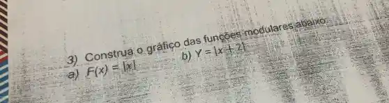 3) Construa o grafico das funcoes modulares
F(x)=vert xvert 
b) y=vert x+2vert