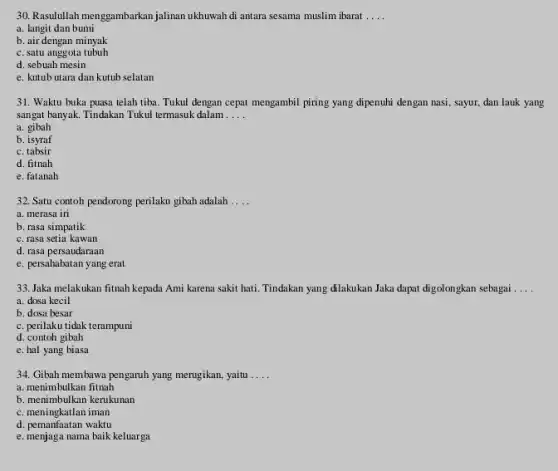 30. Rasulullah menggambarkan jalinan ukhuwah di antara sesama muslim ibarat __
a. langit dan bumi
b. air dengan minyak
c. satu anggota tubuh
d. sebuah mesin
e. kutub utara dan kutub selatan
31. Waktu buka puasa telah tiba. Tukul dengan cepat mengambil piring yang dipenuhi dengan nasi, sayur,dan lauk yang
sangat banyak. Tindakan Tukul termasuk dalam __
a. gibah
b. isyraf
c. tabsir
d. fitnah
e. fatanah
32. Satu contoh pendorong perilaku gibah adalah __
a. merasa iri
b. rasa simpatik
c. rasa setia kawan
d. rasa persaudaraan
e. persahabatan yang erat
33. Jaka melakukan fitnah kepada Ami karena sakit hati. Tindakan yang dilakukan Jaka dapat digolongkan sebagai __
a. dosa kecil
b. dosa besar
c. perilaku tidak terampuni
d. contoh gibah
e. hal yang biasa
34. Gibah membawa pengaruh yang merugikan, yaitu __
a. menimbulkan fitnah
b. menimbulkan kerukunan
c. meningkatlan iman
d. pemanfaatan waktu
e. menjaga nama baik keluarga