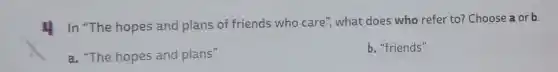 4 In "The hopes and plans of friends who care", what does who refer to? Choose a or b.
a. "The hopes and plans"
b. "friends"