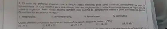 5. 0
do carbono inicla-se com a foxação desso elemento pelos series auddrotos, principalment por melo da
fotossintese. CO_(2) retoma para o ambiente pela respiração colular e degradaplo da
matéria orgAnica. Além disso, retoma tamberm pela queima do combustives Idiseas e pelas quaimadas dar plantas.
Considere os processos a seguir
1. respiração:
II. decomposiçlo;
III. fotossintese:
IV. combustio
Quals desses processos enriquecem a atmosfera com o dibxido de carbono (CO_(2)):
e) II. III N
a) lell.
e III.
e IV.
d) I, III e N