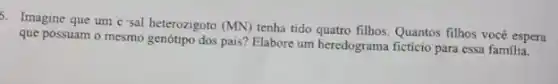 5. Imagine que um c'sal heterozigoto (MN)tenha tido quatro filhos Quantos filhos vocé espera
que possuam o mesmo dos pais? Elabore um heredograma ficticio para essa familia.