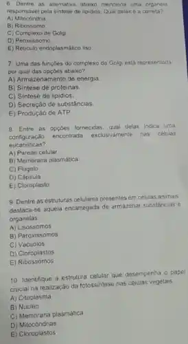 6. Dentre as alternativa abaixo menciona uma organela
responsável pela sintese de lipidios Qual delas é a correta?
A) Mitocôndria
B) Ribossomo
C) Complexo de Golgi
D) Peroxissomo
E) Reticulo endoplasmático liso
7. Uma das funçōes do complexo de Golg está representada
por qual das opções abaixo?
A) Armazenament o de energia.
B) Sintese de proteínas.
C) Sintese de lipidios.
D) Secreção de substâncias.
E) Produção de ATP.
8. Entre as opçōes fornecidas qual delas indica uma
configuração
encontrada exclusivamente nas células
eucarióticas?
A) Parede celular
B) Membrana plasmática.
C) Flagelo
D) Cápsula
E) Cloroplasto
9. Dentre as estruturas celulares presentes em células animais,
destaca-se aquela encarregada de armazena substâncias e
organelas.
A) Lisossomos
B) Peroxissomos
C) Vacúolos
D) Cloroplastos
E) Ribossomos
10. Identifique a estrutura celular que desempenha o papel
crucial na realizaçã da fotossintese nas células vegetais
A) Citoplasma
B) Núcleo
C) Membrana plasmática
D) Mitocôndrias
E) Cloroplastos