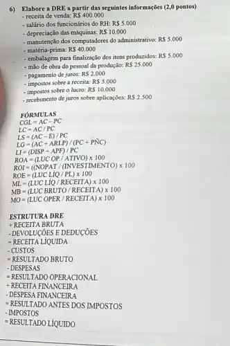 6) Elabore a DRE a partir das seguintes informações (2,0 pontos)
- receita de venda: RS400.000
- salário dos funcionários do RH:RS5.000
- depreciação das máquinas: R 10.000
- manutenção dos computadores do administrativo: RS5.000
- matéria-prima: R 40.000
- embalagem para finalização dos itens produzidos: RS5.000
- mão de obra do pessoal da produção: R 25.000
- pagamento de juros: RS2.000
- impostos sobre a receita: R 5.000
- impostos sobre o lucro: R 10.000
- recebimento de juros sobre aplicaçōes: RS2.500
FÓRMULAS
CGL=AC-PC
LC=AC/PC
LS=(AC-E)/PC
LG=(AC+ARLP)/(PC+PNC)
LI=(DISP+APF)/PC
ROA=(LUCOP/ATIVO)times 100
ROI=((NOPAT/(INVESTIMENTO)times 100
ROE=(LUCLiQ/PL)times 100
ML=(LUCLIQ/RECEITA)times 100
MB=(LUCBRUTO/RECEITA)times 100
MO=(LUCOPER/RECEITA)times 100
ESTRUTURA DRE
+RECEITA BRUTA
- DEVOLUCÓES E DEDUCÓES
= RECEITA LiQUIDA
= RESULTADO BRUTO
- DESPESAS
= RESULTADO OPERACIONAL
+ RECEITA FINANCEIRA
- DESPESA FINANCEIRA
= RESULTADO ANTES DOS IMPOSTOS
= RESULTADO LÍQUIDO