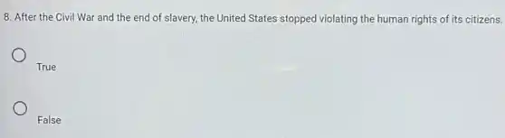 8. After the Civil War and the end of slavery, the United States stopped violating the human rights of its citizens.
True
False