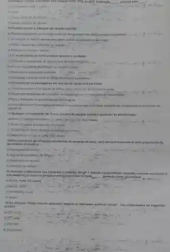 9-Conduzir velculo automotor sem possulr CNH, PPD ou ACC é infração __ punivel com __
b) Leve
c) Grave; remoção do velculo:
d) Média; retenção do veiculo.
10-Poderá ocorrer a retenção do veículo quando:
a) Estando transitando com"a falta.ou defeito ém qualquer dos equipamentos obrigatórios.	un
b) O condutor do velculo estiver disputando cortida por espirito de
c) Parar o veiculo na contramão de direção:
d) Bloquear a via com o velculo
11-O recolhimento da CNH ocorrerá quando o condutor:
a) Conduzir o veículo sem os documentos de porte obrigatório.
b) Houver suspeita de adulteração ou inautenticidade.
c) Estacionar o veiculo nas calcadas
d) Estacionar o veículo sobre as faixas destinadas a pedestres.
12-O transporte de passageiros em veículo de carga será permitido:
a) Onde nào houver linha regular de ônibus para transportar trabalhadores rurais
b) Desde que obedecidas às condiçōes de'segurança para o transporte de desportistas.
c) Para o transporte de estudantes nas Zonas gurais.
d) Onde nǎo houver linha regular-de-ônibus e-autorizado pela autoridade competente, obedecidas as condições de
segurança.
13-Qualquer concentração de álcool por litro de sangue sujeita o condutor às penalidades:
a) Multa (10 vezes)e suspensão do direito de-dirigir por doze meses.
b) Multa (10 vezes)e apreensão do veículo.
c) Suspensão do direito de dirigir e retenção do veiculo;
d) Retenção do veiculo e multa (dez vezes).
penalidade de multa o:
14-Excetuando-se as infrações resultantes do excesso de peso, será sempre re
responsável pelo pagamento da
a) Passageiro:do veiculo
c) Proprietário do veículo
d) Condutor do veículo.
15-Assinale a alternativa que completa a questão Dirigir o veículo transportando pessoas , animais ou volume à
sua esquerda ou entre os braços e pernas constitui infração. , gerando como penalidade __
a) Média; multa (05 vezes)
b) Média; mülfa
c) Gravissima; multa
d) Grave.
16-Na infração "Dirigir veículo enquanto segura ou manuseia
pontos:
:eia telefone celular", são computados os seguintes
a) (05) cinco
b) (07) sete.
c) (03) três.
d) (04) quatro.