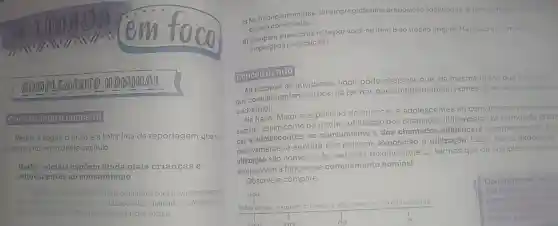 A
11011211
OCO
GOMPLE
NALS
Construindo o conceito
Releia a seguir o titulo e a linha fina da reportagem que vos
estudou no inicio deste capitulo
Redes sociais expōem ainda mais crianças e
adolescentes ao consumismo
Publindade ganha contomos is mais complexos com novas estratég:-
marketing compo unboxing utilização dos chamados influencers
qualiquer controle o u regulamentação ao nas redes socials
c) No trecho em análise foi empregada uma preposição Identifique-bem como os termos
por ela conectados
d)porting a reescrita feita por vocé no item bao trecho original Na reescrita tambem fol
empregada preposição?
Concelturndo
Ao resolver as atividades você pôde observar que, da mesma forma que há termos
que complementam verbos há termos que complementam nomes (substantivo adjetivo
e advérbio) Na frase "Maior a exposição de crianças e adolescentes ao consumismo pelas redes
sociais", assim como no trecho "utilização dos chamados influencers os termos de crian
cas e adolescentes, ao consumismo e dos chamados influencers complementam res
pectivamente, o sentido das palavras exposição e utilização. Logo, como exposical
pectivame são nomes (substantivos), dizemos que os termos que os complementam de
sempenham a função de complemento nominal
Observe e compare	Complemento nomir
sintation
subst
Redes'sociais
expoem criancas e adolescentes ao consumismo
complementa nom
isto e substantivo
suisito vro	OD
letivos e ad adverbio