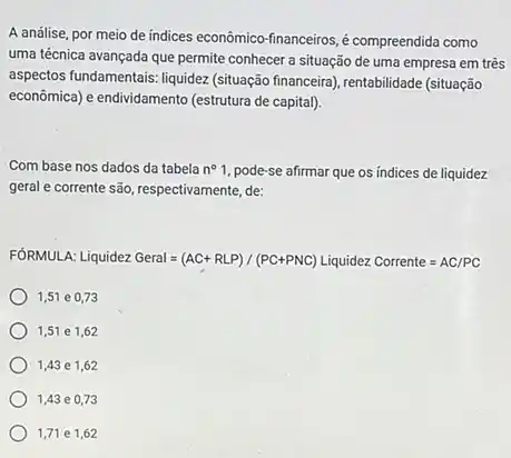 A análise, por meio de indices econômico-financeiros é compreendida como
uma técnica avançada que permite conhecer a situação de uma empresa em três
aspectos fundamentais: liquidez (situação financeira), rentabilidade (situação
economica) e endvidamento (estrutura de capital).
Com base nos dados da tabela n^circ 1 pode-se afirmar que os indices de liquidez
geral e corrente são respectivamente, de:
FÓRMULA: Liquidez Ceral=(AC+RLP)/(PC+PNC) Liquidez Corrente=AC/PC
1,51 e 0,73
1,51 e 1,62
1,43 e 1,62
1,43 e 0,73
1,71 e 1,62