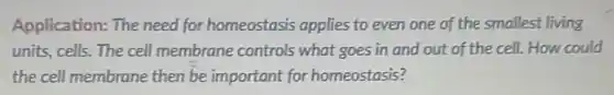 Application: The need for homeostasis applies to even one of the smallest living
units, cells. The cell membrane controls what goes in and out of the cell. How could
the cell membrane then be important for homeostasis?