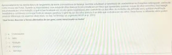 Aproximadamente na mesma época do langamento da teoria cromossiómica da herança, cientistas estudavam a transmissio de caracteristicas na Drosophilo melanogoster, conhecida
das-frutas. Durante os experimentos uma mosca de olhos brancos for encontrada em um frasco que apresentava somente moscas de olhos vermelhos. Essa variação
era produzida por uma mutação, aqual estava localizado em um dos genes responsaveis pelo controle da cor dos olhos. As mutaçōes são definidas como qualquer modificação
hereditária e constituem a principal fonte da variação genética. O gene da cor dos olhos brancosé um alelo que controla a cor dos olhos. Dessa forma, os alelos podem
produzir diferenças nos aspectos observaveis, ou seja, no lenótipo do organismo (KLUG et al, 2012).
Qual termo descreve a forma alternativa de um gene, como mencionado no texto?
C a. Cromossomo
b. Alelo
c. Mutação
d. Fenotipo
c. Genotipo