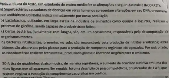 Após a leitura do texto, um estudante do ensino médio fez as afirmações a seguir. Assinale a INCORRETA.
a) Superbactérias causadoras de doenças em seres humanos apresentam alterações em seu DNA, provocadas
por antibióticos utilizados indiscriminadamente por nossa população.
b) Lactobacilos, utilizados em larga escala na indústria de alimentos como queijos e iogurtes, realizam o
processo de glicôlise, sendo capazes de produzir ácido lático.
c) Certas bactérias, juntamente com fungos, são, em um ecossistema, responsáveis pela decomposição de
organismos mortos.
d) Bactérias nitrificantes , presentes no solo, são responsáveis pela produção de nitritos e nitratos; estes
últimos são absorvidos pelas plantas para a produção de compostos orgânicos nitrogenados. Por outro lado,
as cianobactérias realizam fotossintese, produzindo glicose e liberando oxigênio para o ambiente.
20-A tira de quadrinhos abaixo mostra, de maneira espirituosa, o aumento de acuidade auditiva em uma das
duas figuras que ali aparecem. Em seguida, há uma descrição de passos hipotéticos, enumerados de 1a 3, que
tentam explicar a evolução do comprimento das orelhas em coelhos.
Thous