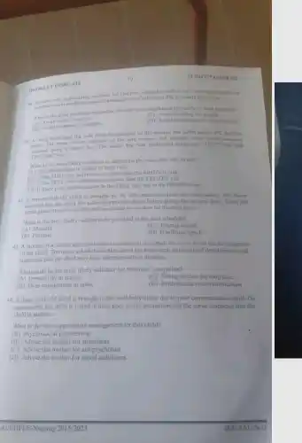 BOOKLET CODE: 012
SUBJECT CODE: 02
is providing vacciner answission of infections due to unsafe
40. Accimations to avoid the possible injections.
What is the most important precaution that the nurse implement primarily to meet her goal?
(A) Avoid rease of needles
(C) Avoid touching the needle
(4) Avoid recapping of needles
(D) Avoid injecting at the incorrect site
41. A nurse found that the cold chain temperature of the vaccine has fallen below O'C for five
The nurse moves ver. The shake test was performed using the "TEST vial and
vaccines to the safe storage and checked some freeze sensitive
''FROZEN'' vial.
What is the most likely condition to determine the vaccine is safe to use?
(A) Ifsedimentation is similar in both vials
(B) Ifthe TEST vial sediments are faster than the FROZEN vial
(C) Irthe TEST vial sediments are slower than the FROZEN vial
(D) If there is no sedimentation in the TEST vial, but in the FROZEN vial
42. A nine-month-old child is brought to the immunization clinic for vaccination. The nurse
checked that the child has taken all previous doses before giving the present dose. Then.the
nurse gives measles vaccine and appointed the mother for the next dose.
What is the most likely vaccine to be provided in the next schedule?
(A) Measles
(C) Tetanus toxoid
(B) Pertusis
(D) Hinflenza type b
43. A mother of a school age child came to a hospital to consult the nurse about the development
of her child.The nurse asked the mother about the behavioral indicators of development and
suspected that the child may have attention-deficit disorder.
What could be the most likely indicator for the nurse's suspicion?
(A) Impulsivity in school
(C) Sitting in class for long time
(B) Over engagement in tasks
(D) Impairments in communication
44. A three-year-old child is brought to the well-baby clinic due to poor communication skill. On
assessment, the child is found to have poor social interaction and the nurse suspected that the
child is autistic.
What is the most appropriate management for this child?
(A) Psychosocial intervention
(B) Advise the mother for stimulants
(C) Advise the mother for antipsychotics
(D) Advise the mother for mood stabilizers