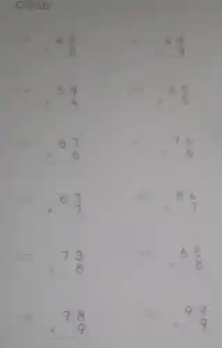 C85b
48 times 2 
59 times 4
6(5)/(5)
67 times 6 
76 times 6 
63 times 7 
84 times 7 
84
(17)
73 times 8 
(23)
68 times 8 
(24)
99 times 9 
(18)
78 times 9