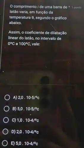 comprimento i de uma barra de 1 ponto
latão varia , em função da
temperatura 6, segundo o gráfico
abaixo.
Assim, o coeficiente de dilatação
linear do latão,no intervalo de
0^circ C a 100^circ C vale:
A) 2,0.10-5/^circ c
B) 5,0.10-5/^circ c
C) 1,0,10-4/^circ c
D) 2,0cdot 10-4/^circ c
E) 5,0.10-4/^circ c