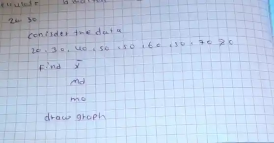 consider the data
[
20,30,40,50 ( iso ) 160,50,70,70,80
]
find bar(x) 
 m d 
mo
draw graph