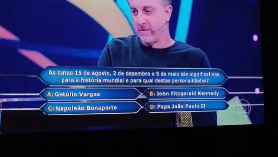 As datas 15 de agosto, 2 de dezembro e 5 de maio são significativas
para a história mundial e para qual destas personalidades?
A: Getúlio Vargas
B: John Fitzgerald Kennedy
C: Napoleão Bonaparte
D: Papa João Paulo