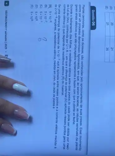 (D)
(E)

 20 & 21 
 21 & 35 


Questão 06
Plantas carnivoras, como as dioneias, são conhecidas pelo aprisionamento de suas presas. Esse movimento ocorre por um processo denominado tigmonastia, em que, ao serem tocadas, as células sensíveis da planta geram sinais elétricos que são propagados rapidamente e fazem com que a planta se feche.
Durante o fechamento das folhas, a resistência elétrica entre dois pontos do caule pode ser obtida por meio da Lei de Ohm, conhecida por U=R ; i, em que a diferença de potencial (U) aplicada nesses pontos gera uma corrente elétrica (i) que depende da resistência elétrica (R) do material.
Se uma diferença de potencial de 1 times 10^-1 volt é aplicada entre esses pontos e a corrente elétrica medida é de 2 times 10^-8 ampères, a resistência elétrica, medida em ohm, do caule da planta é
(A) 5 times 10^-9 .
(B) 5 times 10^-7 .
(C) 5 times 10^-1 .
(D) 5 times 10^6 .
(E) 5 times 10^8 .
4 VESTIBULINHO 1^circ semestre | 2025