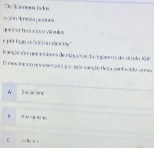 "De ficaremos todos
e com firmeza juramos
quebrar tesouras e valvulas
e por fogo as fabricas daninha"
(canção dos quebradores de máquinas da Inglaterra do século xix
movimento representado por est:canção ficou conhecido como:
A Socialismo
B Anarquismo
C Ludismo