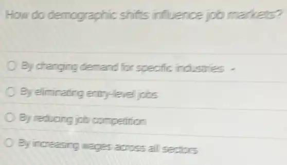 How do demographic shifts influence job markets?
By changing demand for specific industries .
By eliminating entry-level jobs
By reducing job competition
By increasing wages across all sectors