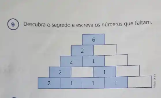 Descubra o segredo e escreva os números que faltam.
square 
square 
square 
square